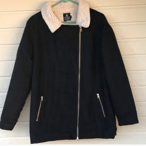 Volcom Sherpa lined Baia Park black zip warm outdoor Skater Girl jacket sz L - Picture 1 of 9